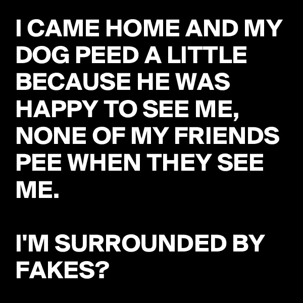 I CAME HOME AND MY DOG PEED A LITTLE BECAUSE HE WAS HAPPY TO SEE ME, NONE OF MY FRIENDS PEE WHEN THEY SEE ME. 

I'M SURROUNDED BY FAKES?