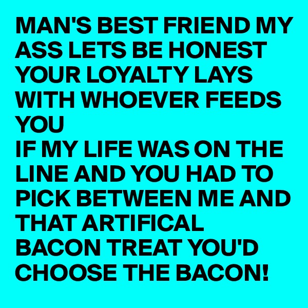 MAN'S BEST FRIEND MY ASS LETS BE HONEST YOUR LOYALTY LAYS WITH WHOEVER FEEDS YOU 
IF MY LIFE WAS ON THE LINE AND YOU HAD TO PICK BETWEEN ME AND THAT ARTIFICAL BACON TREAT YOU'D CHOOSE THE BACON!