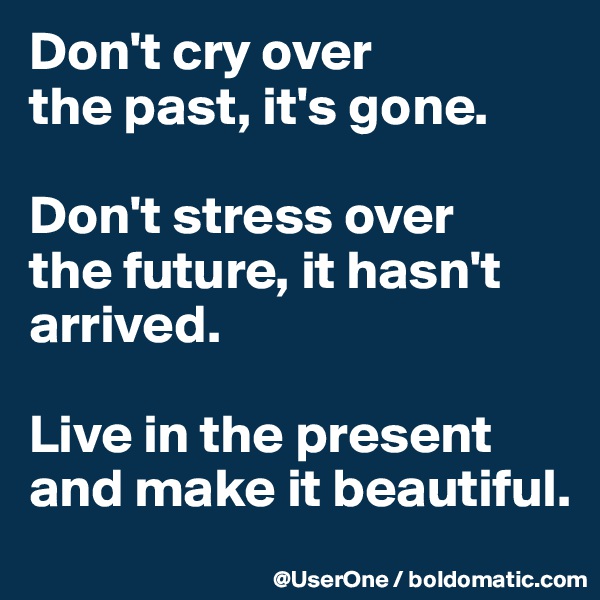 Don't cry over
the past, it's gone.

Don't stress over
the future, it hasn't arrived.

Live in the present and make it beautiful.