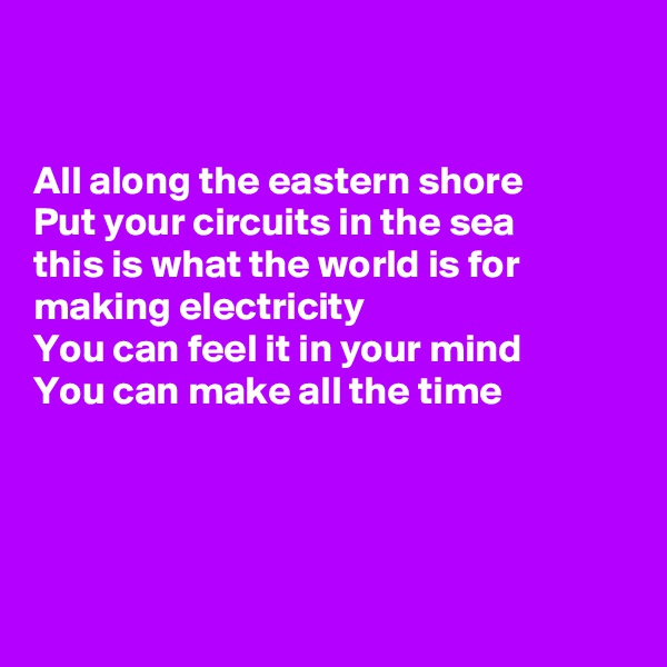 


All along the eastern shore
Put your circuits in the sea
this is what the world is for
making electricity 
You can feel it in your mind 
You can make all the time




