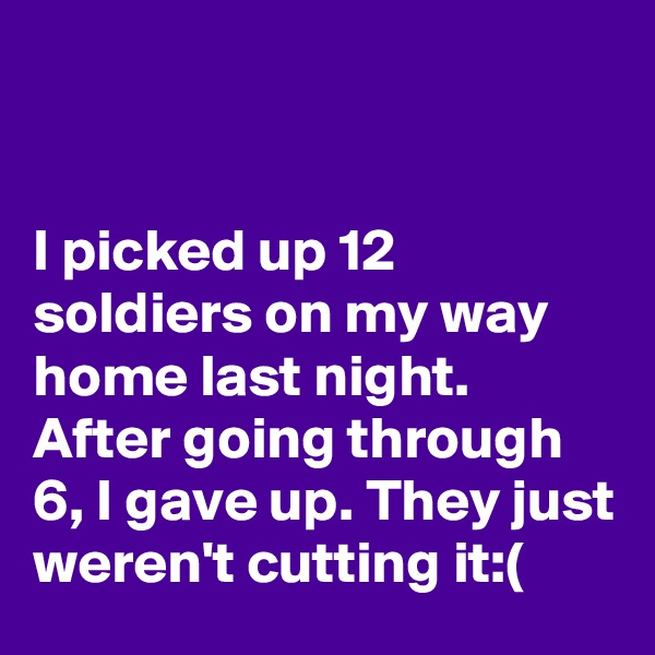 


I picked up 12 soldiers on my way home last night. After going through 6, I gave up. They just weren't cutting it:(