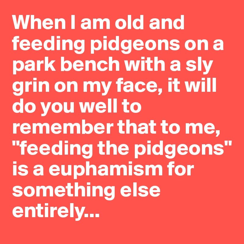 When I am old and feeding pidgeons on a park bench with a sly grin on my face, it will do you well to remember that to me, "feeding the pidgeons" is a euphamism for something else entirely...