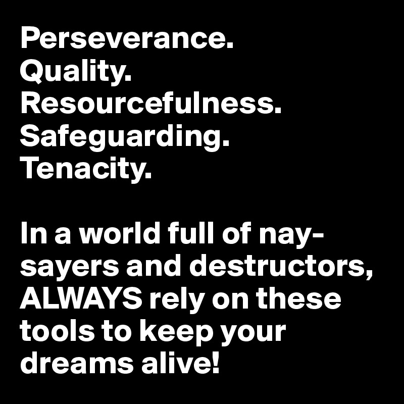 Perseverance.
Quality.
Resourcefulness.
Safeguarding.
Tenacity.

In a world full of nay-sayers and destructors, ALWAYS rely on these tools to keep your dreams alive!