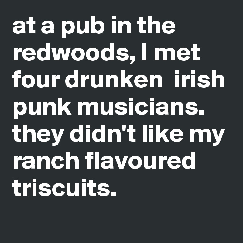 at a pub in the redwoods, I met four drunken  irish punk musicians.
they didn't like my ranch flavoured triscuits.