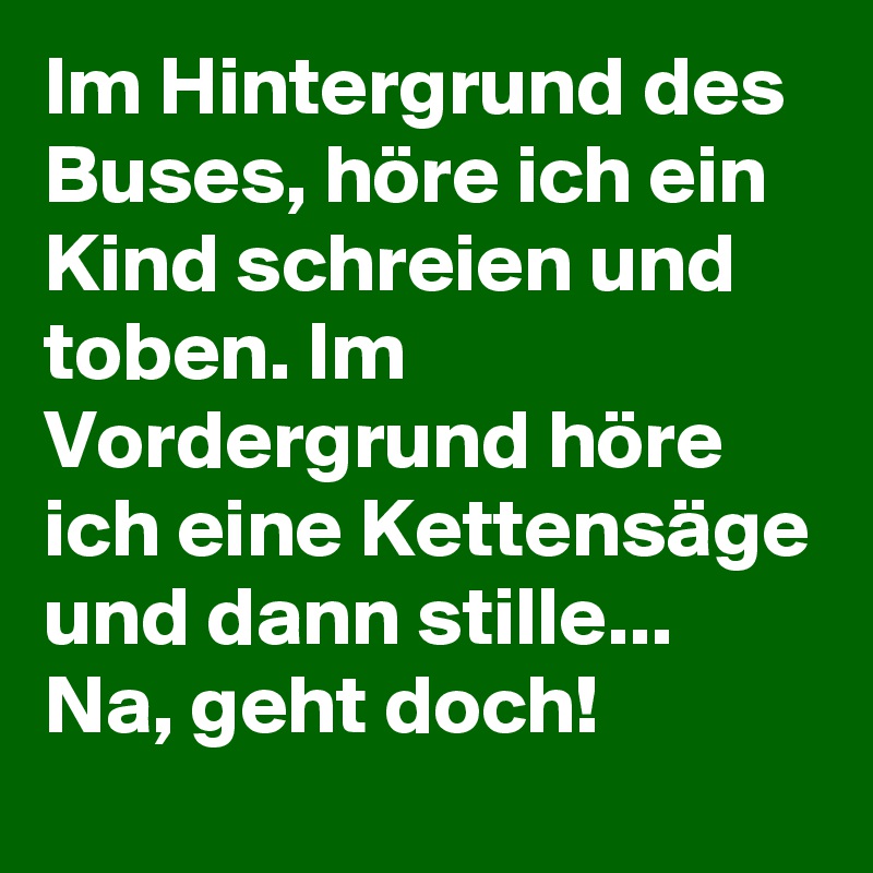 Im Hintergrund des Buses, höre ich ein Kind schreien und toben. Im Vordergrund höre ich eine Kettensäge und dann stille...
Na, geht doch!