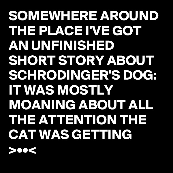 SOMEWHERE AROUND THE PLACE I'VE GOT AN UNFINISHED SHORT STORY ABOUT SCHRODINGER'S DOG: IT WAS MOSTLY MOANING ABOUT ALL THE ATTENTION THE CAT WAS GETTING  >••< 
