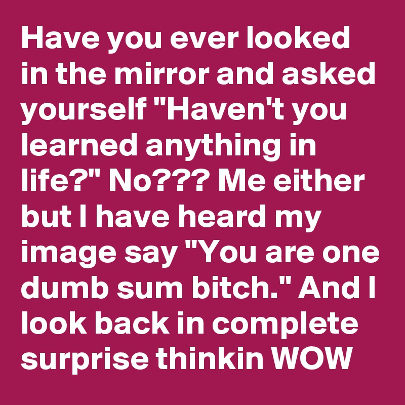 Have you ever looked in the mirror and asked yourself "Haven't you learned anything in life?" No??? Me either but I have heard my image say "You are one dumb sum bitch." And I look back in complete surprise thinkin WOW