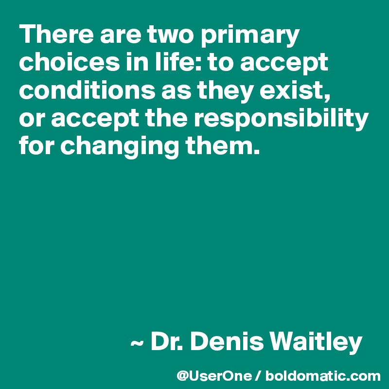 There are two primary choices in life: to accept conditions as they exist,
or accept the responsibility for changing them.






                    ~ Dr. Denis Waitley