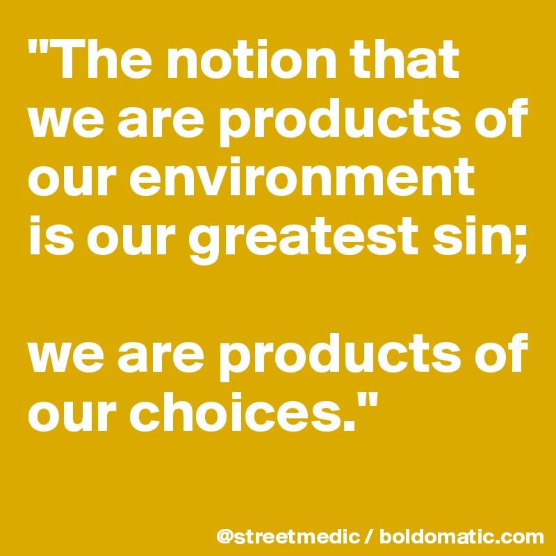 "The notion that we are products of our environment is our greatest sin;

we are products of our choices."
