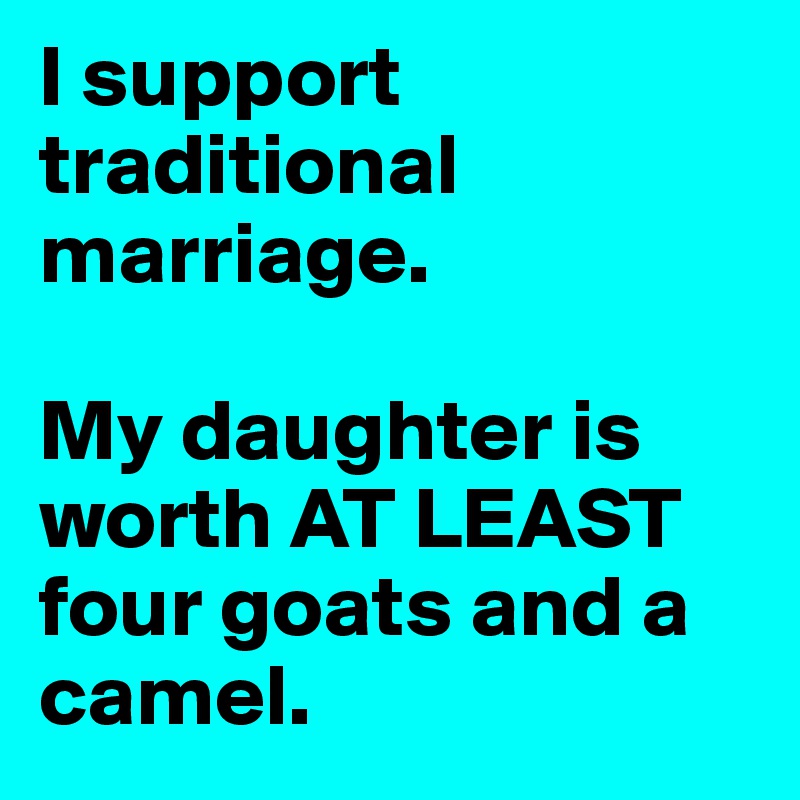 I support traditional marriage.

My daughter is worth AT LEAST four goats and a camel.