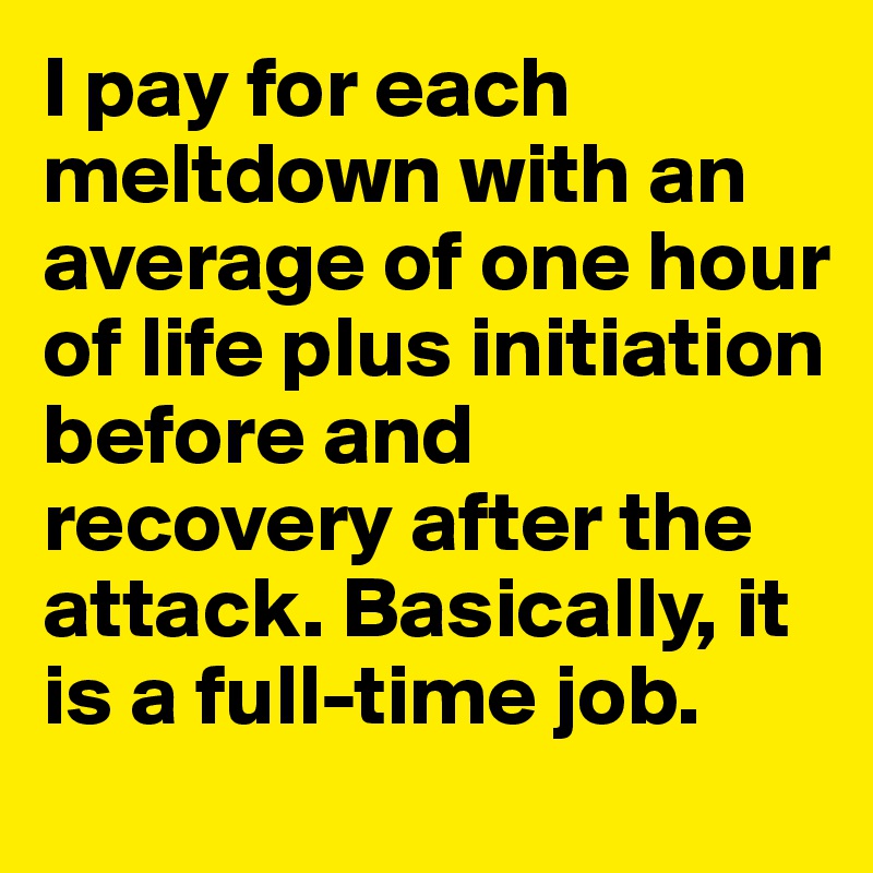 I pay for each meltdown with an average of one hour of life plus initiation before and recovery after the attack. Basically, it is a full-time job.