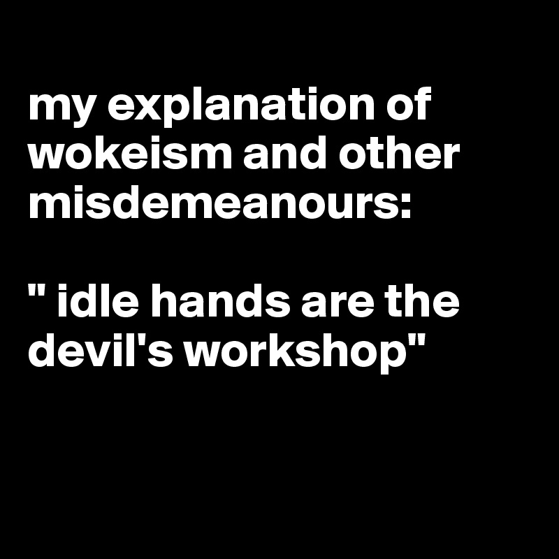 
my explanation of wokeism and other misdemeanours: 

" idle hands are the devil's workshop"


