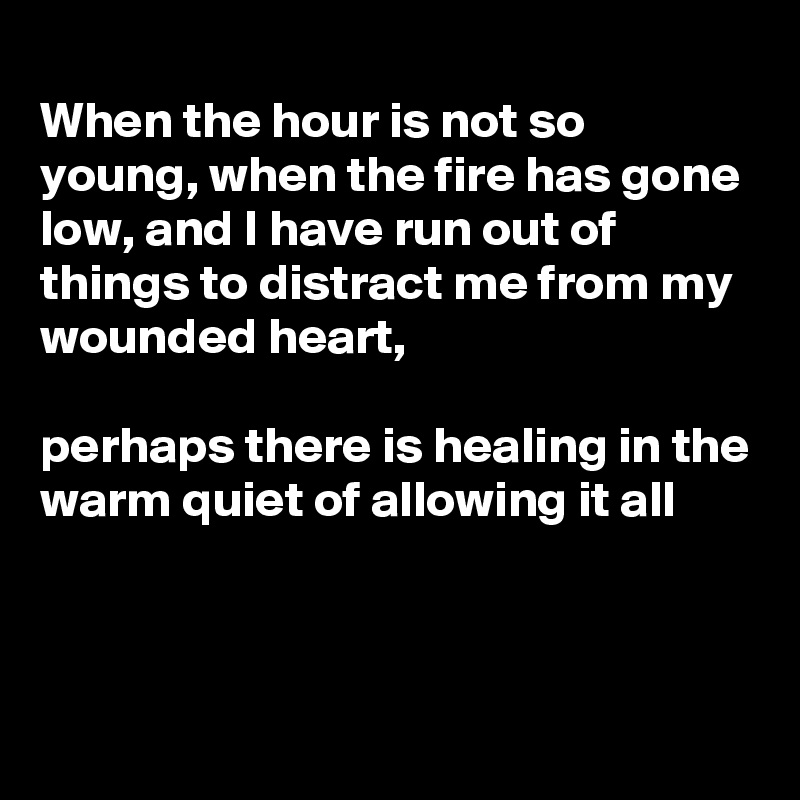 
When the hour is not so young, when the fire has gone low, and I have run out of things to distract me from my wounded heart,

perhaps there is healing in the warm quiet of allowing it all 



