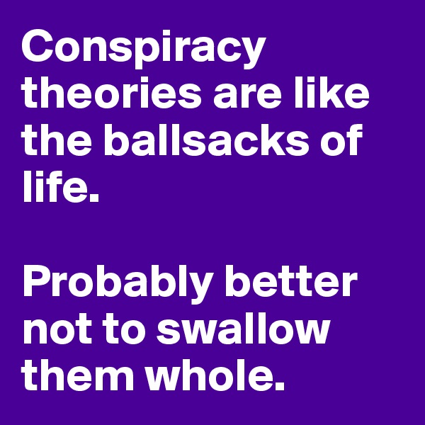 Conspiracy theories are like the ballsacks of life.

Probably better not to swallow them whole.