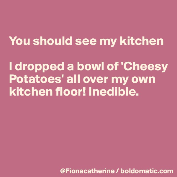 

You should see my kitchen

I dropped a bowl of 'Cheesy
Potatoes' all over my own
kitchen floor! Inedible.




