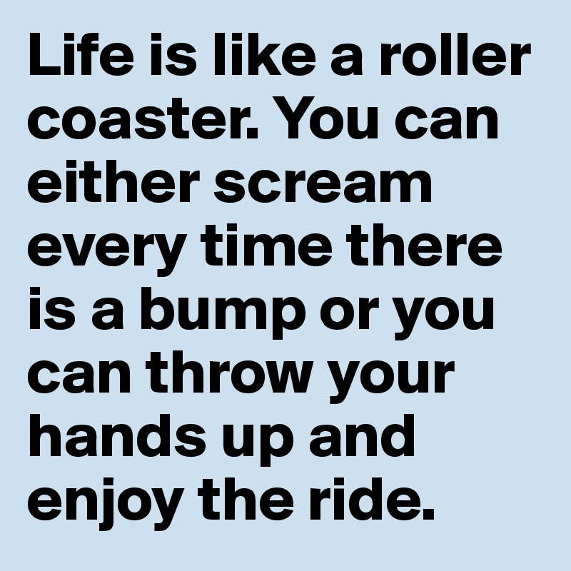 Life is like a roller coaster. You can either scream every time there is a bump or you can throw your hands up and enjoy the ride.