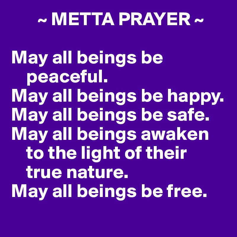        ~ METTA PRAYER ~

May all beings be   
    peaceful.
May all beings be happy.
May all beings be safe.
May all beings awaken 
    to the light of their 
    true nature.
May all beings be free.
