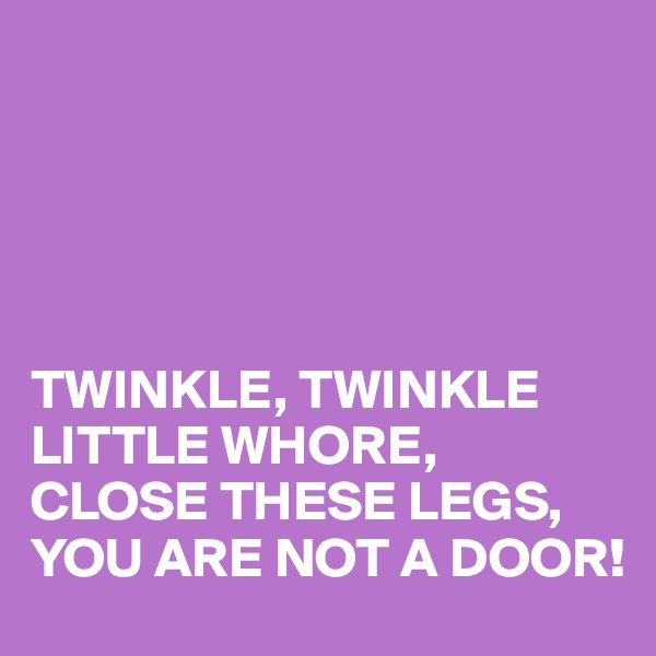 





TWINKLE, TWINKLE LITTLE WHORE, CLOSE THESE LEGS, YOU ARE NOT A DOOR! 