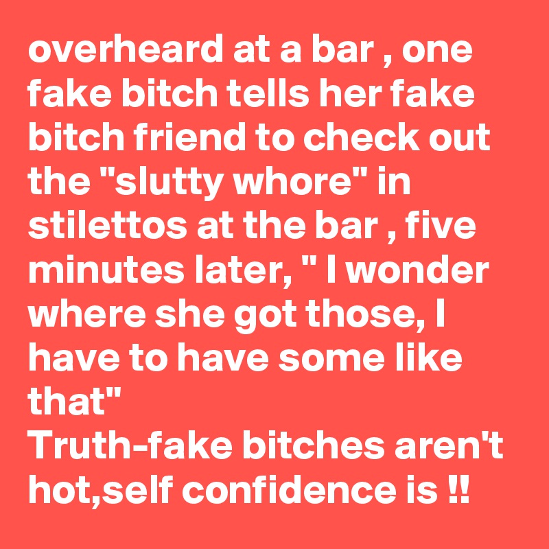 overheard at a bar , one fake bitch tells her fake bitch friend to check out the "slutty whore" in stilettos at the bar , five minutes later, " I wonder where she got those, I have to have some like that" 
Truth-fake bitches aren't hot,self confidence is !!  