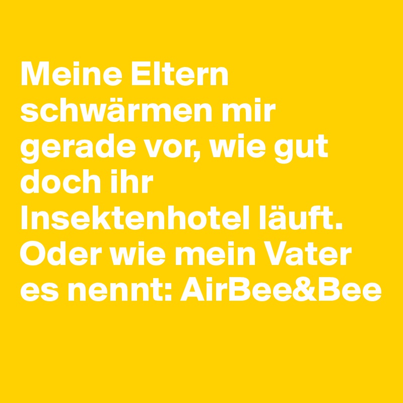 
Meine Eltern schwärmen mir gerade vor, wie gut doch ihr Insektenhotel läuft.
Oder wie mein Vater es nennt: AirBee&Bee
