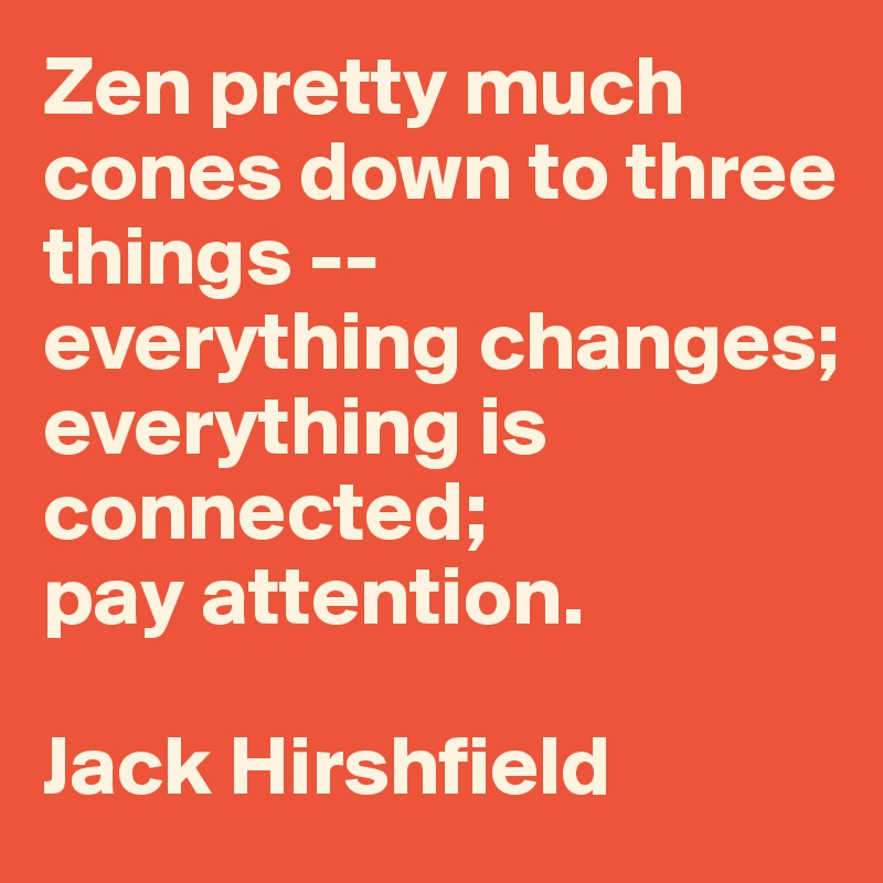 Zen pretty much cones down to three things -- 
everything changes; everything is connected; 
pay attention. 

Jack Hirshfield