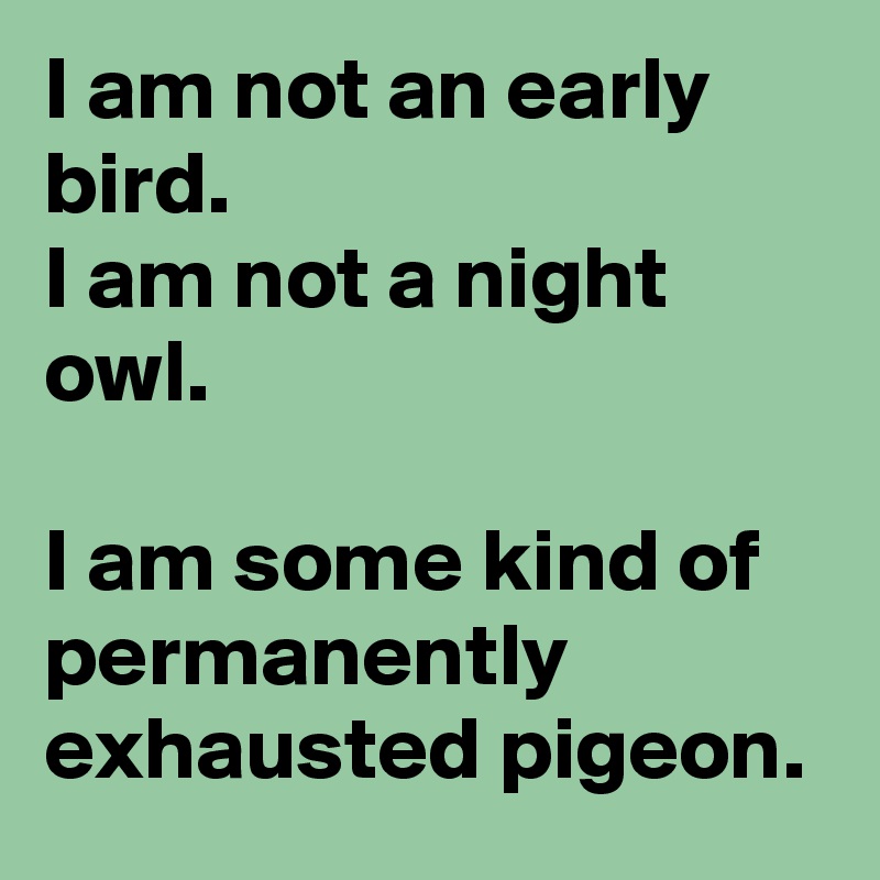 I am not an early bird.
I am not a night owl.

I am some kind of permanently exhausted pigeon.