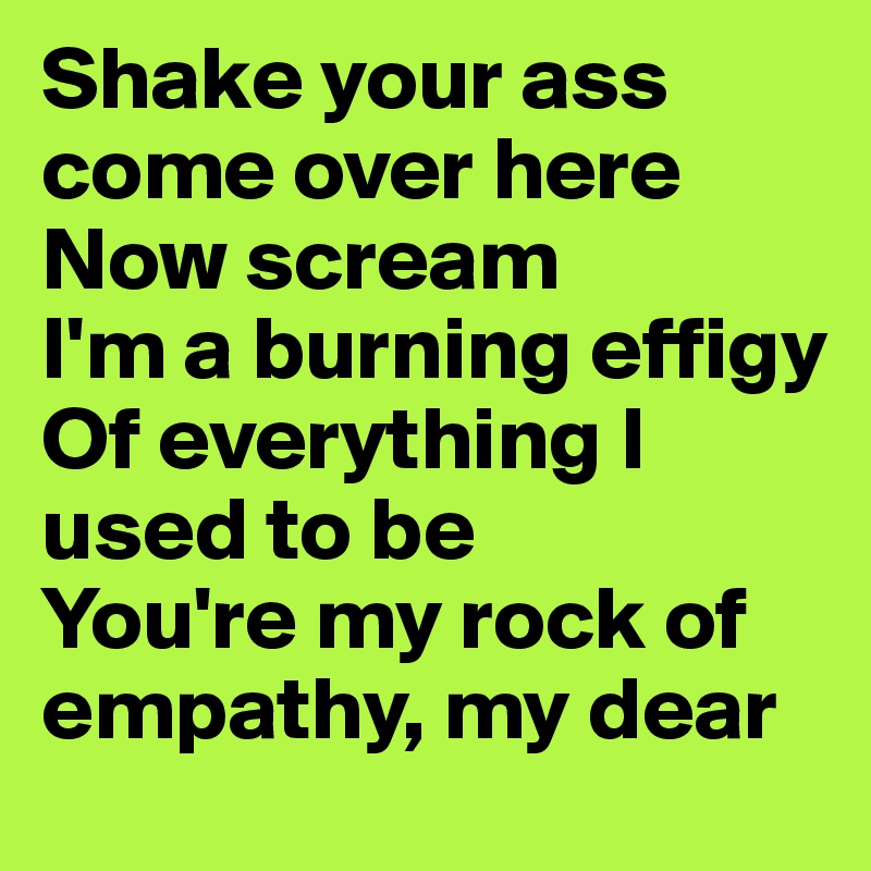Shake your ass come over here
Now scream
I'm a burning effigy
Of everything I used to be
You're my rock of empathy, my dear