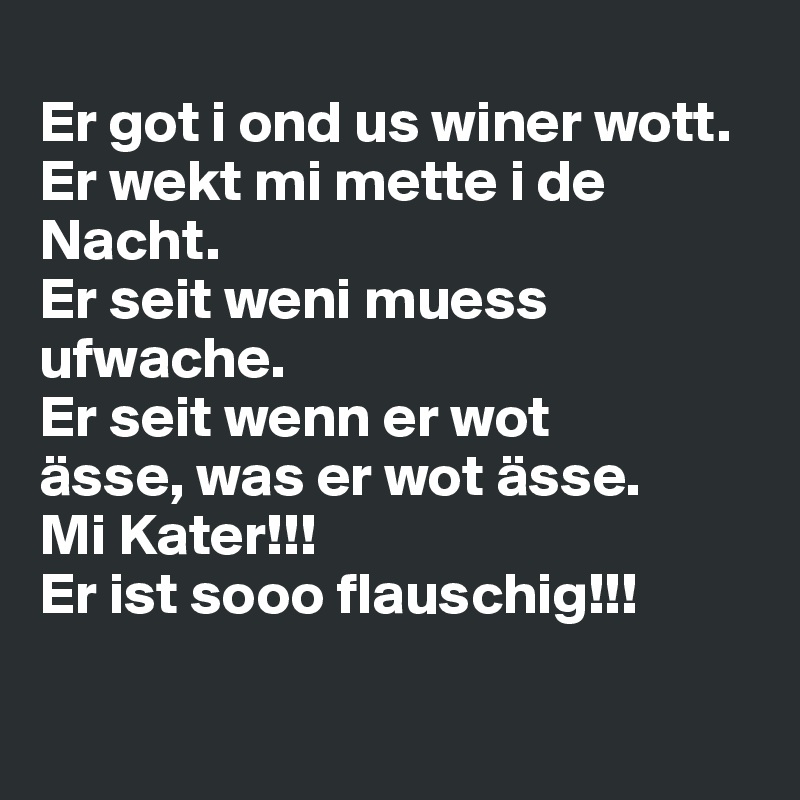 
Er got i ond us winer wott.
Er wekt mi mette i de Nacht.
Er seit weni muess ufwache.
Er seit wenn er wot
ässe, was er wot ässe. 
Mi Kater!!! 
Er ist sooo flauschig!!!

