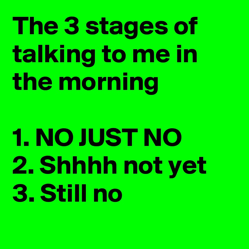 The 3 stages of talking to me in the morning

1. NO JUST NO
2. Shhhh not yet
3. Still no
