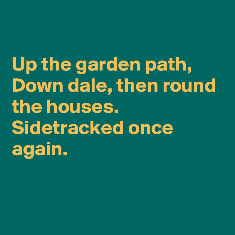 

Up the garden path,
Down dale, then round the houses.
Sidetracked once again.


