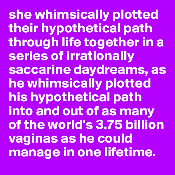 she whimsically plotted their hypothetical path through life together in a series of irrationally saccarine daydreams, as he whimsically plotted his hypothetical path into and out of as many of the world's 3.75 billion vaginas as he could manage in one lifetime.