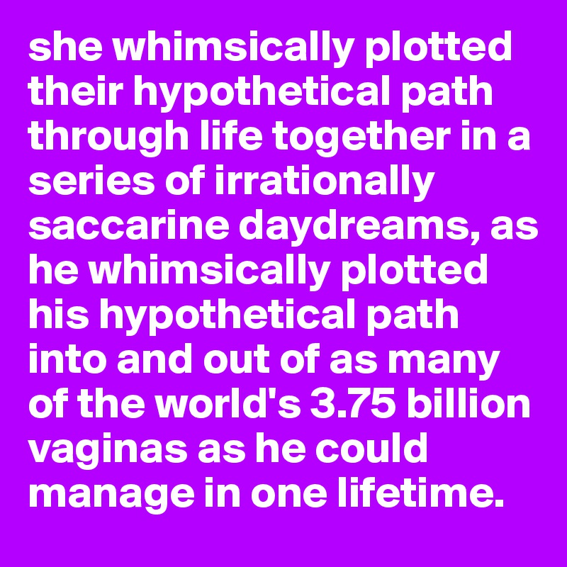 she whimsically plotted their hypothetical path through life together in a series of irrationally saccarine daydreams, as he whimsically plotted his hypothetical path into and out of as many of the world's 3.75 billion vaginas as he could manage in one lifetime.