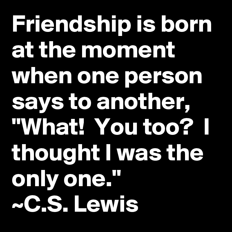 Friendship is born at the moment when one person says to another, "What!  You too?  I thought I was the only one."
~C.S. Lewis