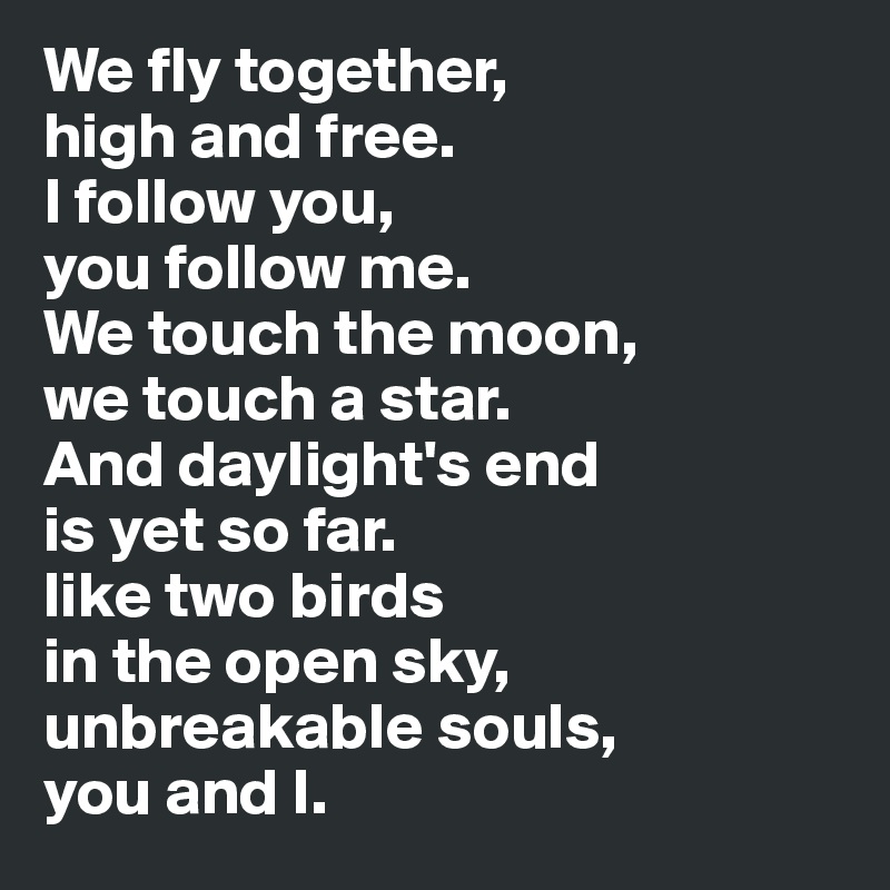 We fly together, 
high and free. 
I follow you, 
you follow me. 
We touch the moon, 
we touch a star. 
And daylight's end 
is yet so far. 
like two birds 
in the open sky, 
unbreakable souls, 
you and I.