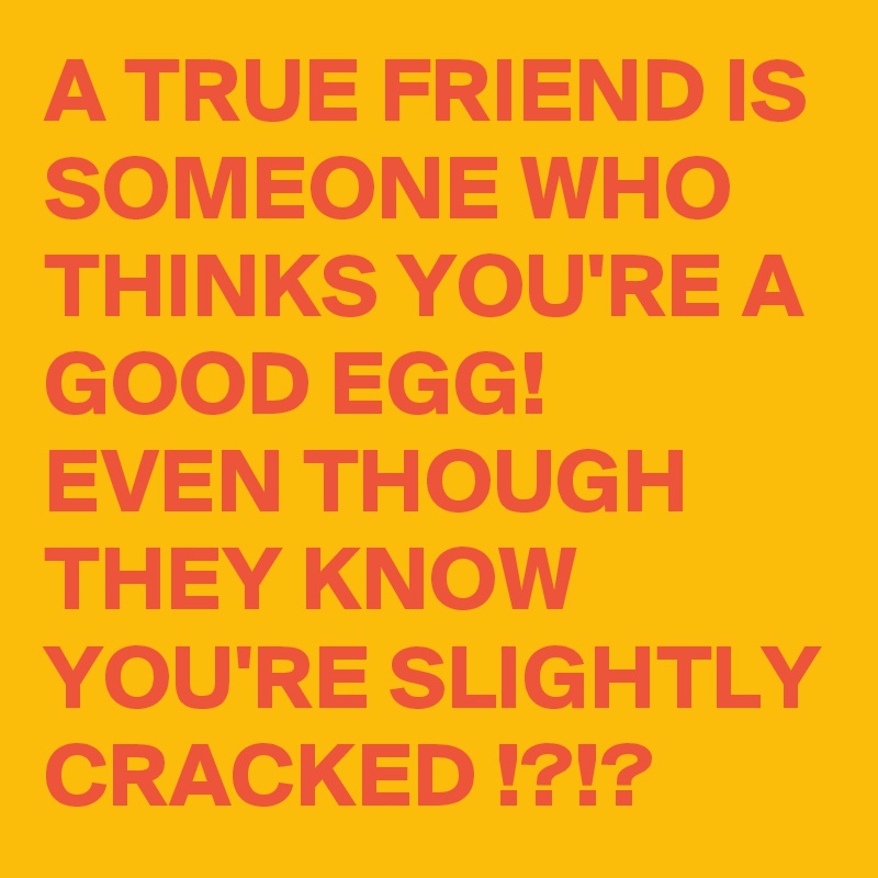 A TRUE FRIEND IS SOMEONE WHO THINKS YOU'RE A GOOD EGG!
EVEN THOUGH THEY KNOW YOU'RE SLIGHTLY CRACKED !?!?