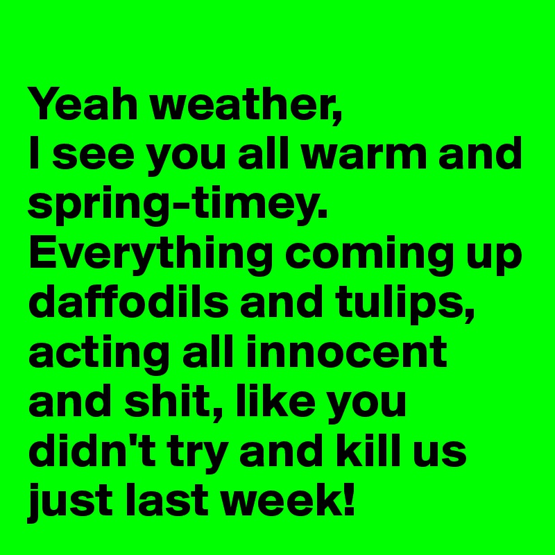 
Yeah weather,
I see you all warm and spring-timey. Everything coming up daffodils and tulips, acting all innocent and shit, like you didn't try and kill us just last week!