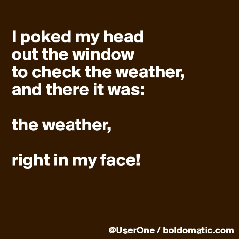 
I poked my head
out the window
to check the weather,
and there it was:

the weather,

right in my face!


