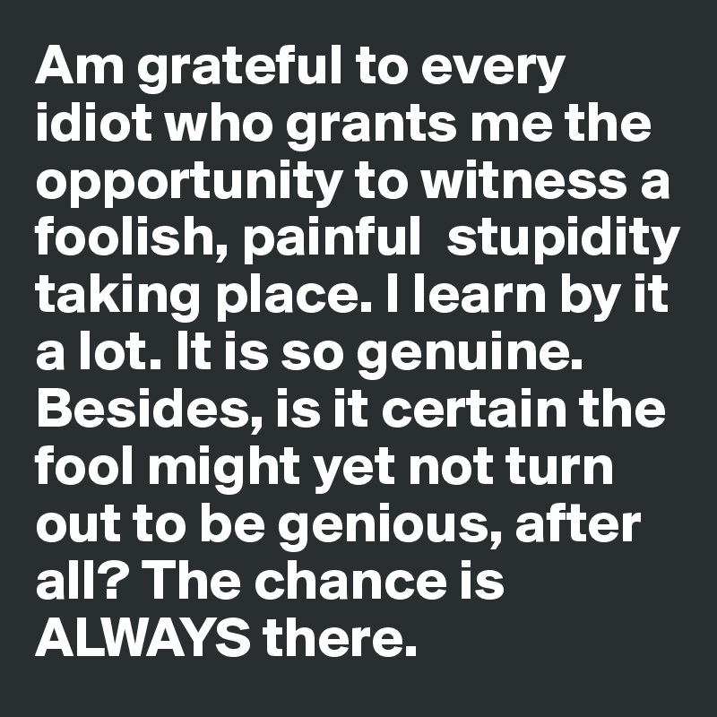 Am grateful to every idiot who grants me the opportunity to witness a foolish, painful  stupidity taking place. I learn by it a lot. It is so genuine. Besides, is it certain the fool might yet not turn out to be genious, after all? The chance is ALWAYS there. 