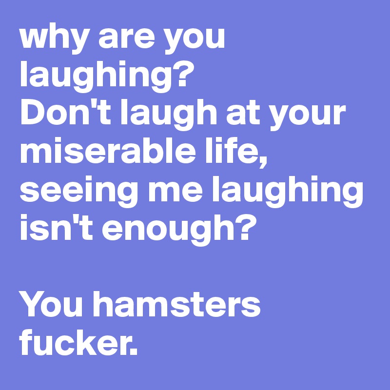 why are you laughing? 
Don't laugh at your miserable life, seeing me laughing isn't enough?

You hamsters fucker.