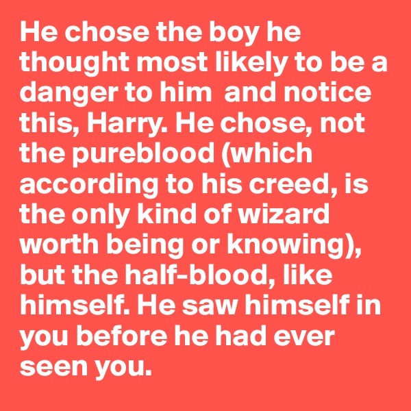 He chose the boy he thought most likely to be a danger to him  and notice this, Harry. He chose, not the pureblood (which according to his creed, is the only kind of wizard worth being or knowing), but the half-blood, like himself. He saw himself in you before he had ever seen you.