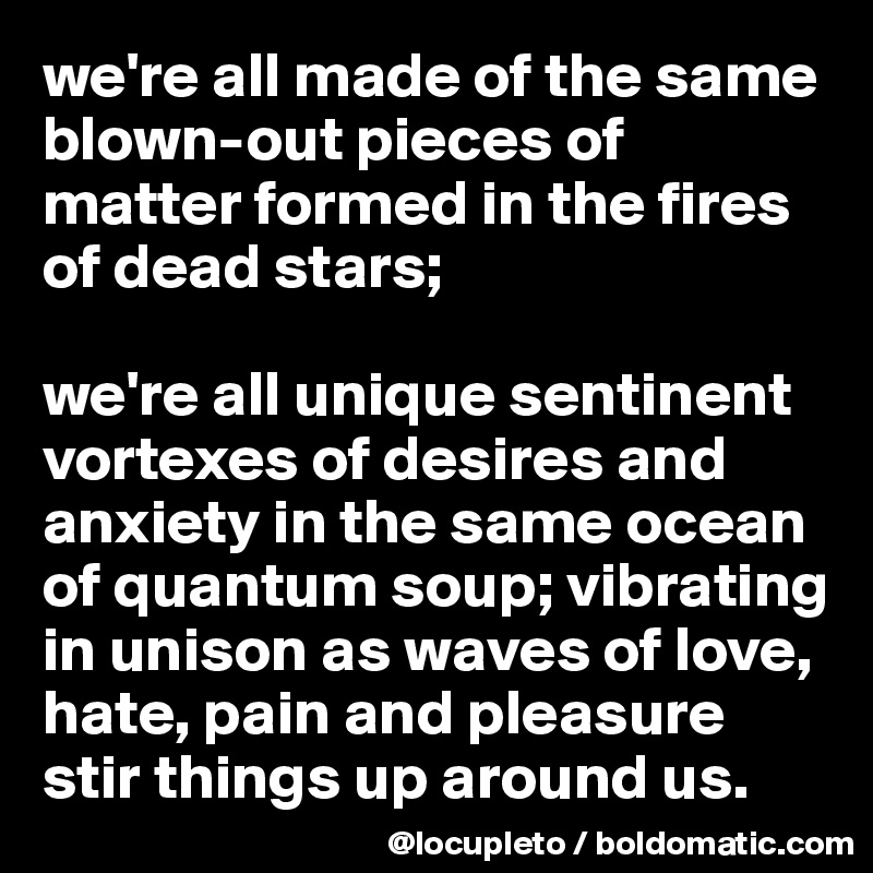 we're all made of the same  blown-out pieces of matter formed in the fires of dead stars; 

we're all unique sentinent vortexes of desires and anxiety in the same ocean of quantum soup; vibrating in unison as waves of love, hate, pain and pleasure stir things up around us. 