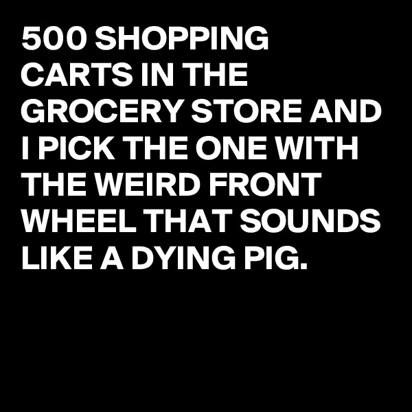 500 SHOPPING CARTS IN THE GROCERY STORE AND I PICK THE ONE WITH THE WEIRD FRONT WHEEL THAT SOUNDS LIKE A DYING PIG.

