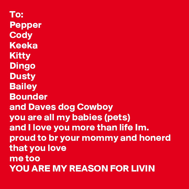 To:
Pepper
Cody
Keeka
Kitty
Dingo
Dusty
Bailey
Bounder
and Daves dog Cowboy 
you are all my babies (pets)
and I love you more than life Im. proud to br your mommy and honerd that you love
me too 
YOU ARE MY REASON FOR LIVIN