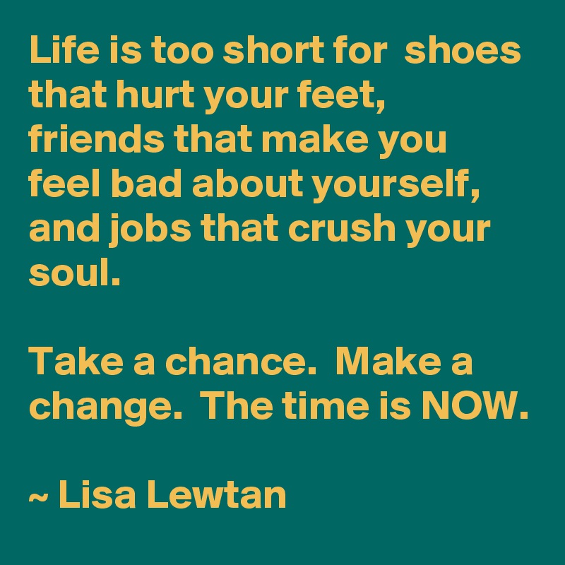 Life is too short for  shoes that hurt your feet, friends that make you feel bad about yourself, and jobs that crush your soul.

Take a chance.  Make a change.  The time is NOW.

~ Lisa Lewtan