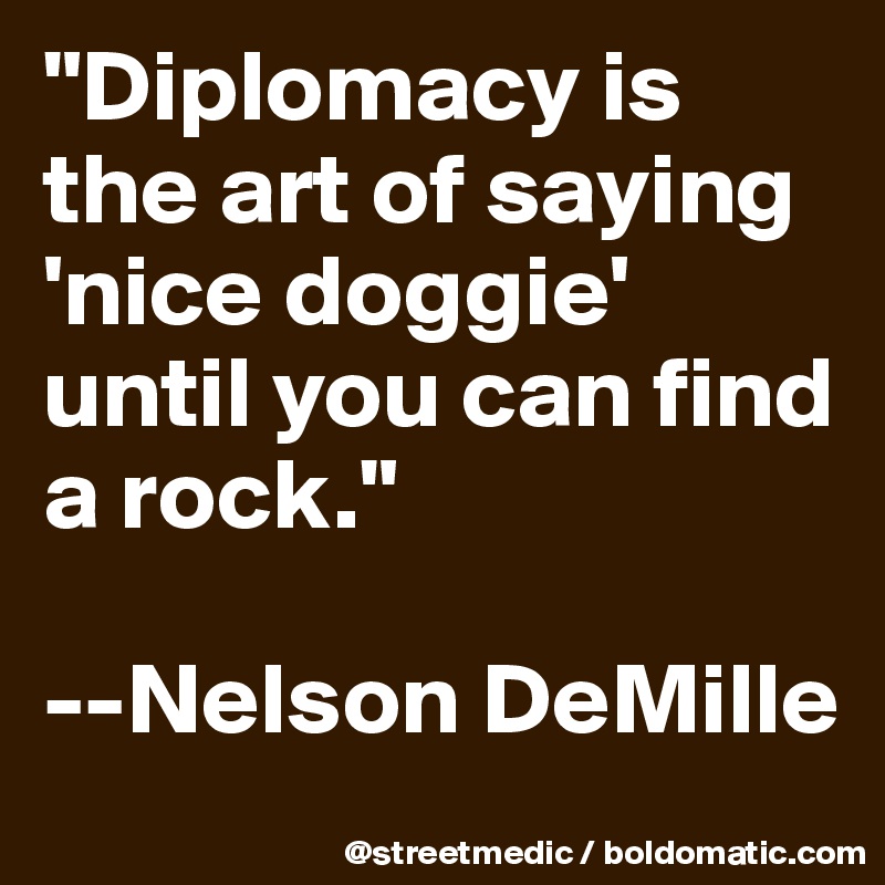 "Diplomacy is the art of saying 'nice doggie' until you can find a rock."

--Nelson DeMille