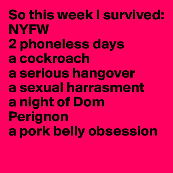 So this week I survived:
NYFW
2 phoneless days
a cockroach
a serious hangover
a sexual harrasment
a night of Dom Perignon
a pork belly obsession 
