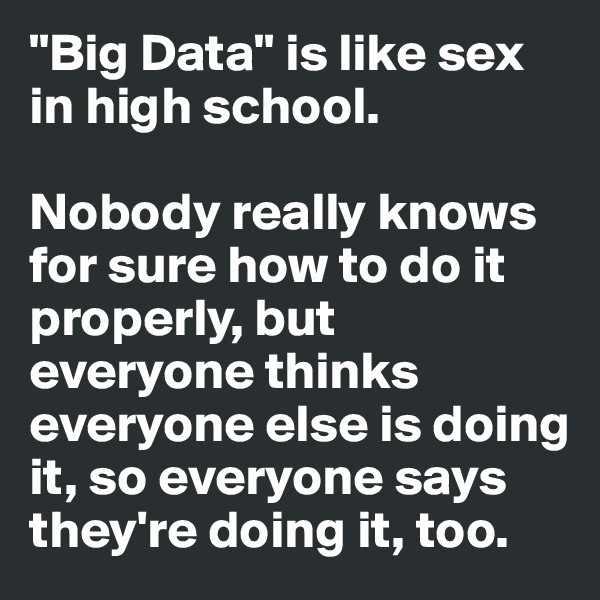 "Big Data" is like sex in high school.

Nobody really knows for sure how to do it properly, but everyone thinks everyone else is doing it, so everyone says they're doing it, too.