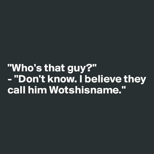 




"Who's that guy?"
- "Don't know. I believe they call him Wotshisname."



