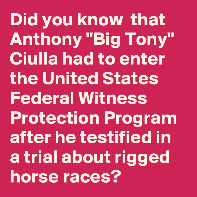 Did you know  that Anthony "Big Tony" Ciulla had to enter the United States Federal Witness Protection Program after he testified in a trial about rigged horse races?