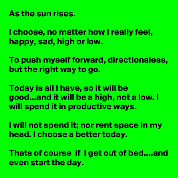As the sun rises.

I choose, no matter how I really feel, happy, sad, high or low.

To push myself forward, directionaless, but the right way to go.

Today is all I have, so it will be good...and it will be a high, not a low. I will spend it in productive ways.

I will not spend it; nor rent space in my head. I choose a better today.

Thats of course  if  I get out of bed....and even start the day.